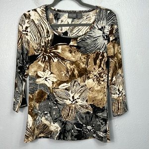 Chico’s Additions Brown Cream Gray Floral Print 3/4 Sleeve Scoop Neck Top Small